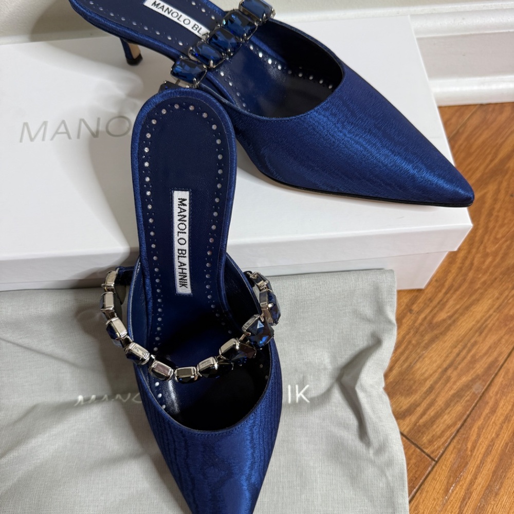 Manolo Blahnik Navy Blue Jeweled Slingback Pumps - Picture 7 of 8